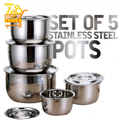 Set of 5 High Quality Stainless Steel Pots With Covers in Many Sizes