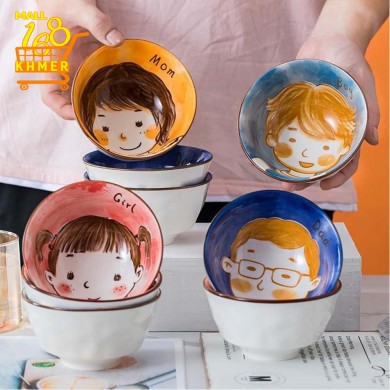 Set of porcelain bowls with pictures of family, parents and children